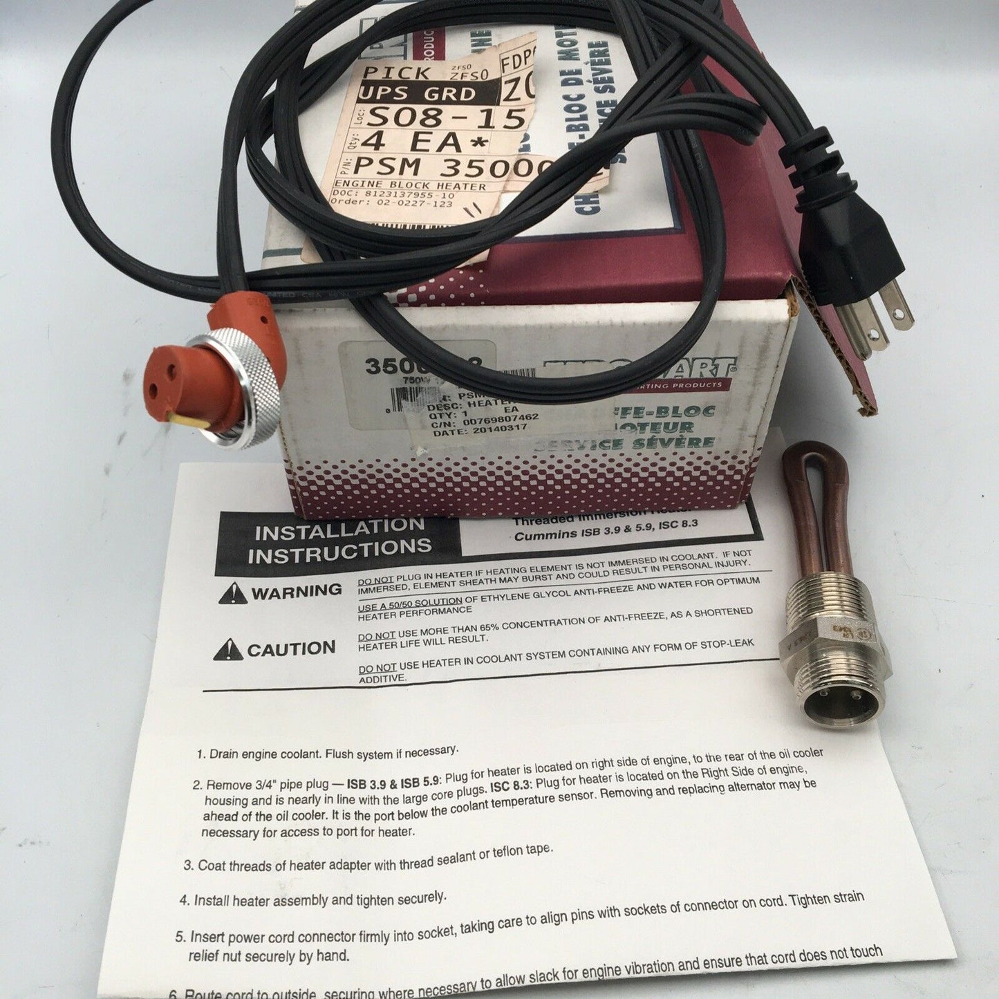 *** Zerostart PSM3500022 Engine Block Heater 3500022 Cummins Paccar ***